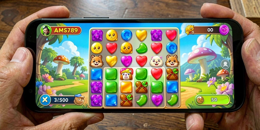 Screenshot gameplay AMS789 menunjukkan keseruan mencocokkan gem dengan kombinasi strategis.