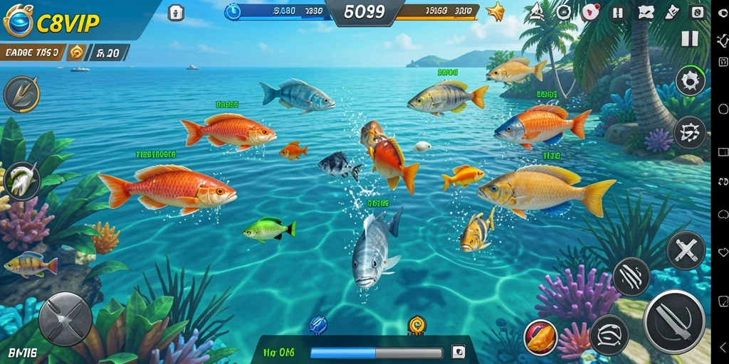 Tampilan gameplay C8VIP dengan ikan berwarna-warni yang menantang.