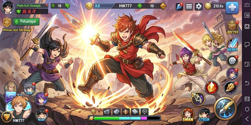Tampilan gameplay <strong>HW777</strong> dengan karakter Anime yang dinamis dan pertarungan seru.