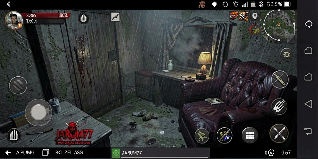 Tampilan gameplay menegangkan JARUM77 dengan suasana horor.