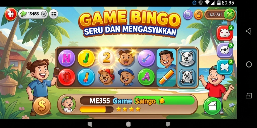 Screenshot gameplay ME355 menunjukkan keseruan bermain Bingo yang interaktif.
