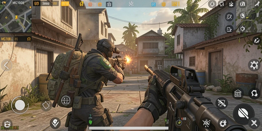 Screenshot gameplay MG108 menampilkan aksi tembak menembak yang mendebarkan.