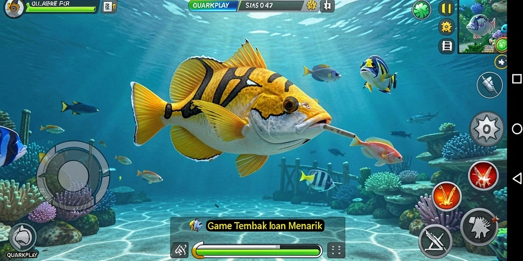 Tampilan gameplay seru dari QUARKPLAY saat menembak ikan.