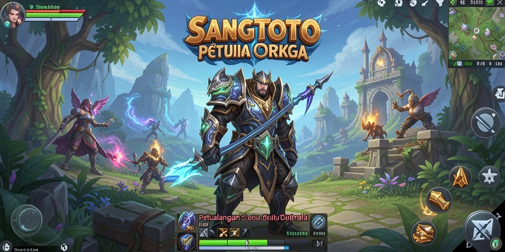 Screenshot gameplay SANGTOTO dengan aksi pertarungan melawan monster di dunia fantasi.