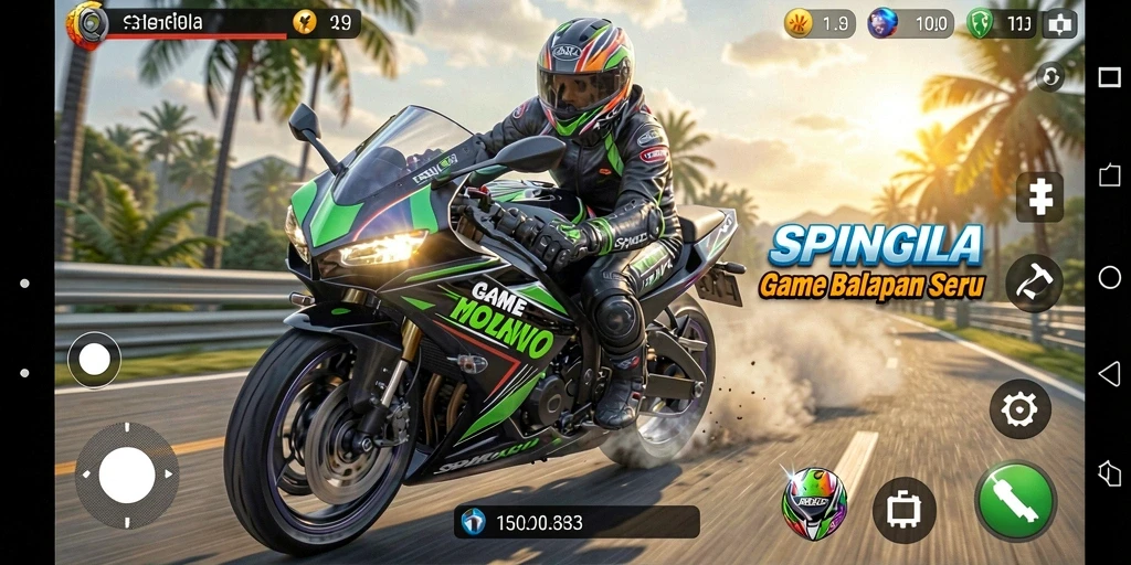 Screenshot dari gameplay SPINGILA yang menunjukkan balapan motor yang seru.