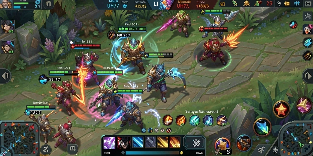 Tangkapan layar gameplay UH77 dengan aksi MOBA yang intens.